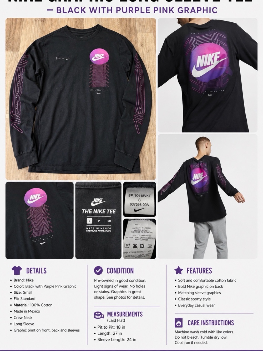 Nike Graphic Long Sleeve Tee Black Purple Pink Men’s Size Small Streetwear